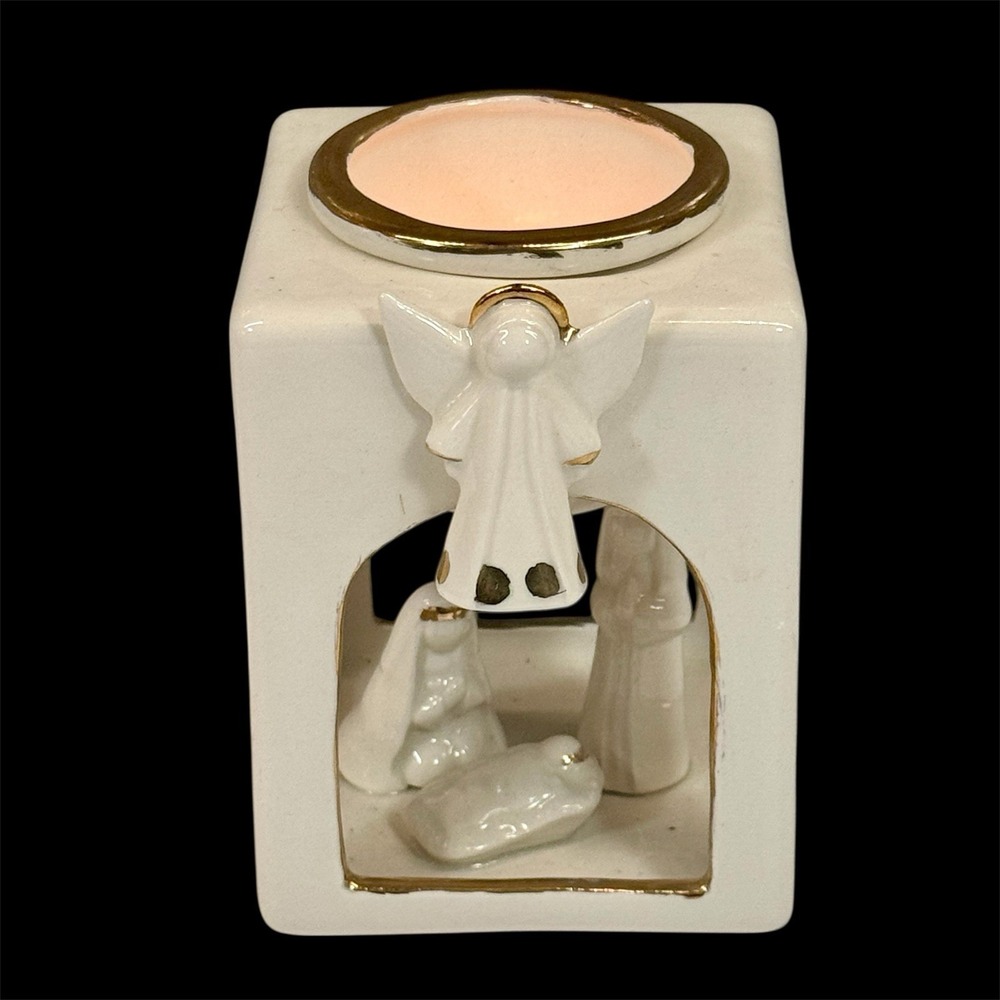 Ivory & Gold Porcelain Nativity Set Votive Holder Square 4.25" Tall